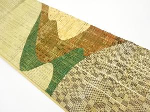 リサイクル　リボン織切り嵌め格子に抽象模様袋帯